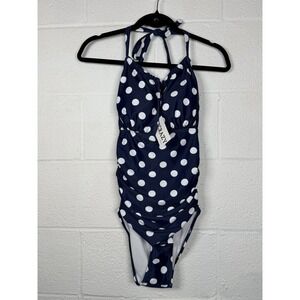 NWT Navy Polka Dot One Piece Swimsuit Halter Ruched Retro Rockabilly Pin Up S